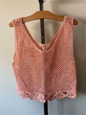 70s Vintage Handmade Crochet Pink Crop Top Tank Open Knit Boho Cottagecore